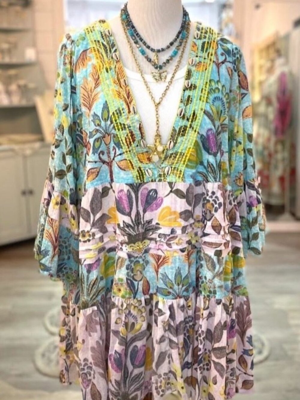 POL 3/4 Sleeve V-neck Baby Doll Dress Multi Jade Boho Beachy Coverup NWT